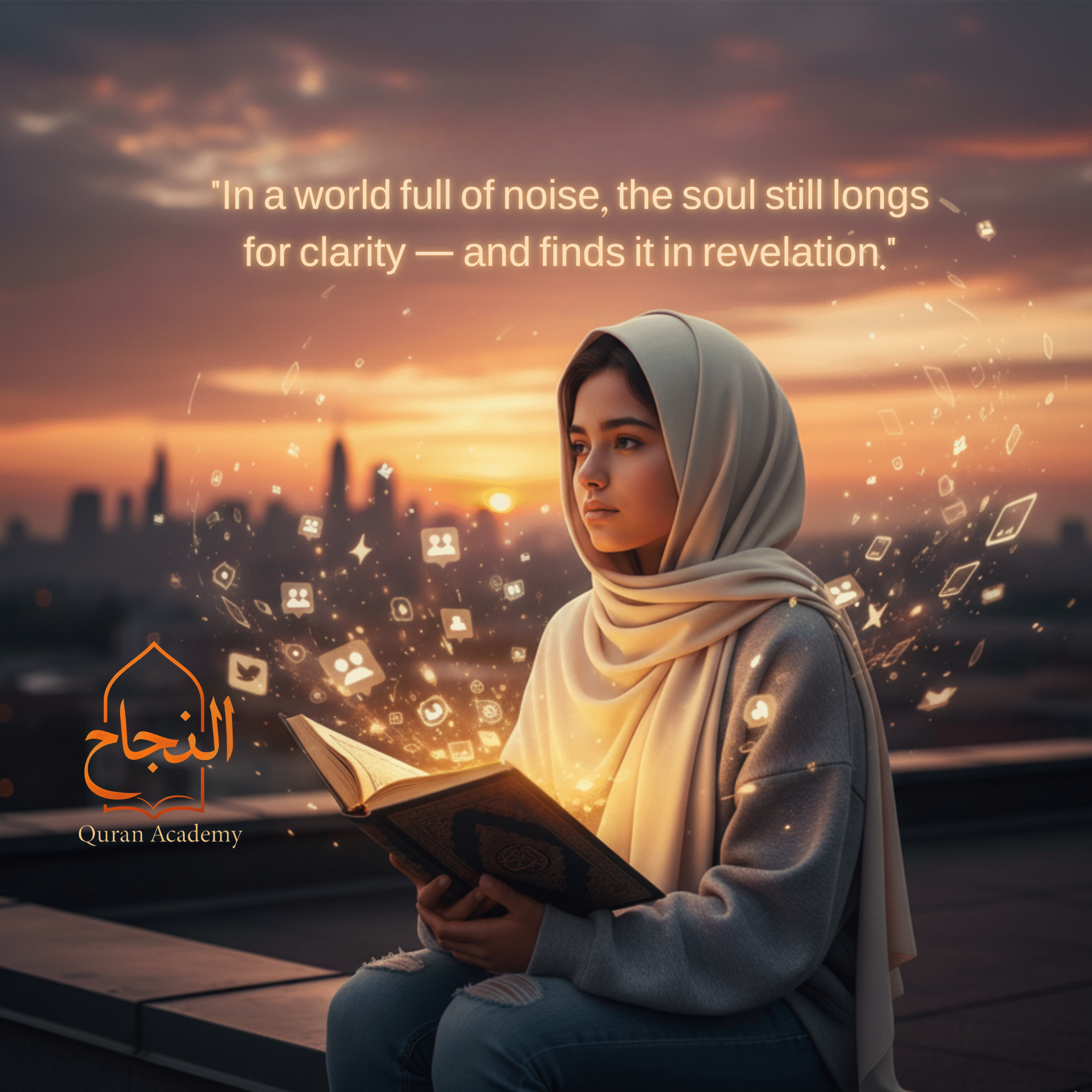 A young girl in a hijab sits on a bench at sunset, thoughtfully reading a glowing Quran, with subtle digital notifications fading in the background, symbolizing finding clarity and meaning in faith amidst modern distractions. importance of islamic education for youth