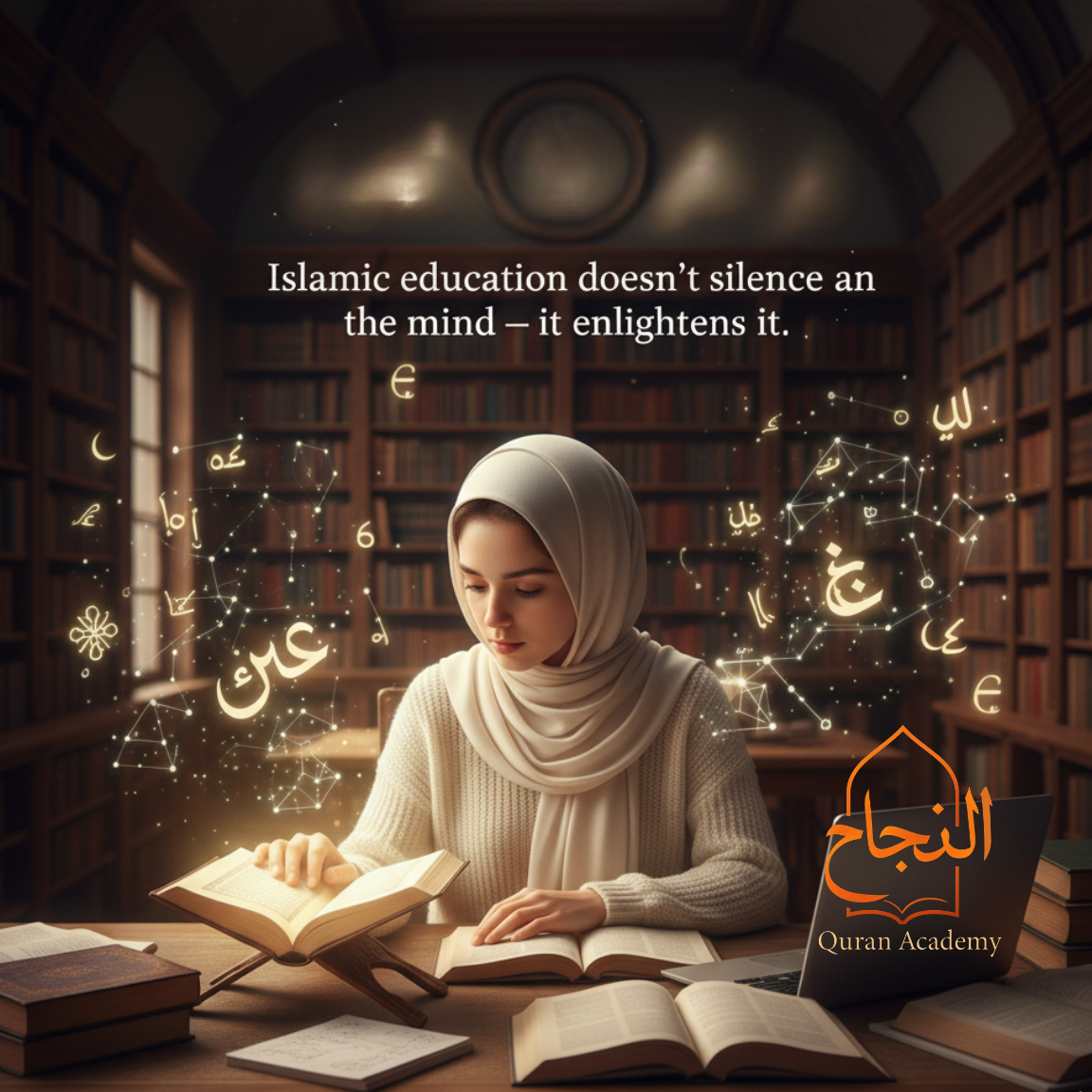 A hijabi woman studies in a library with an open, glowing Quran and other books. Intellectual symbols glow around her, illustrating the harmony of faith and reason importamce of islamic eduation for youth